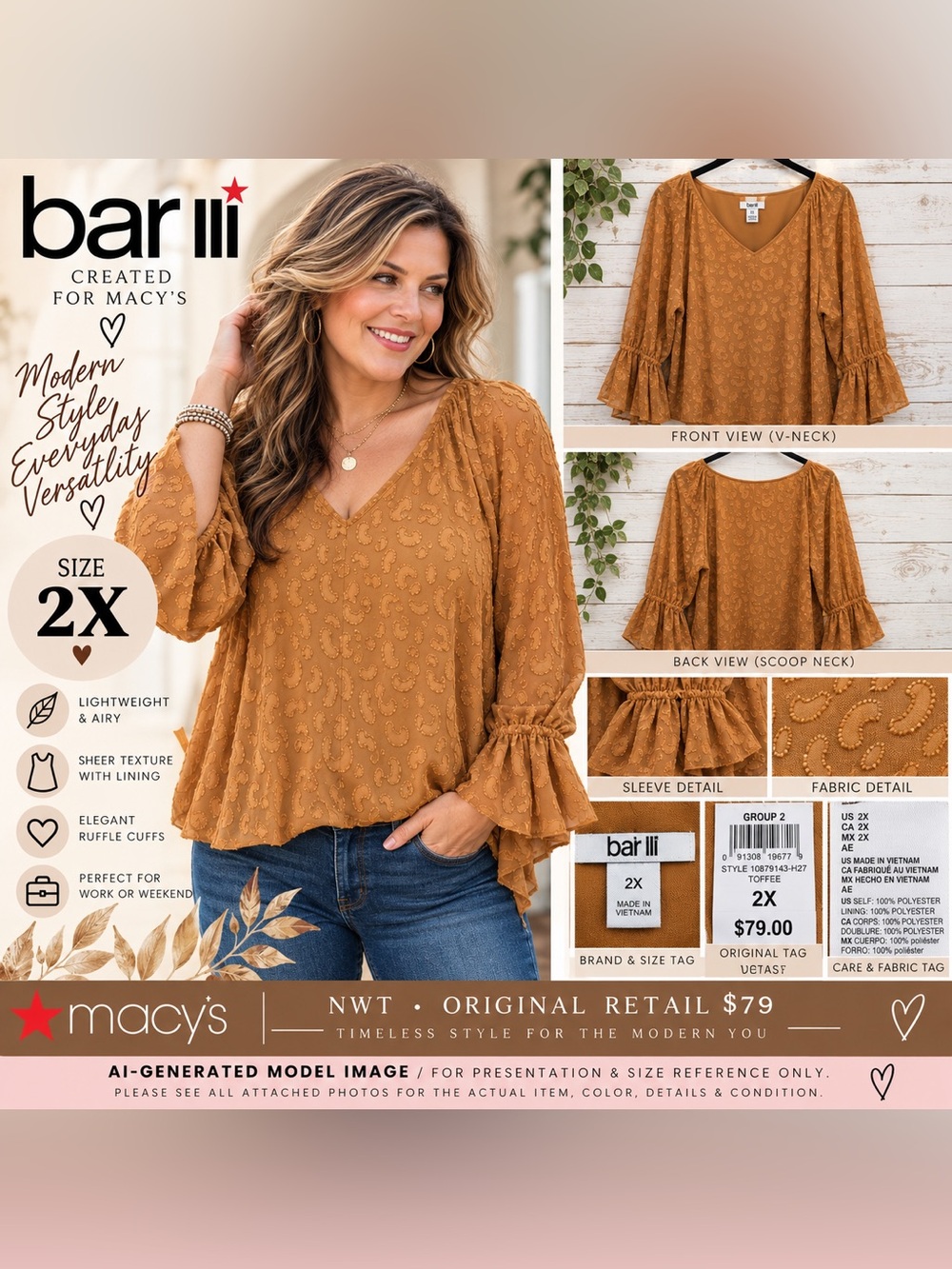 BAR III TOFFEE TEXTURED RUFFLE SLEEVE BLOUSE • SIZE 2X